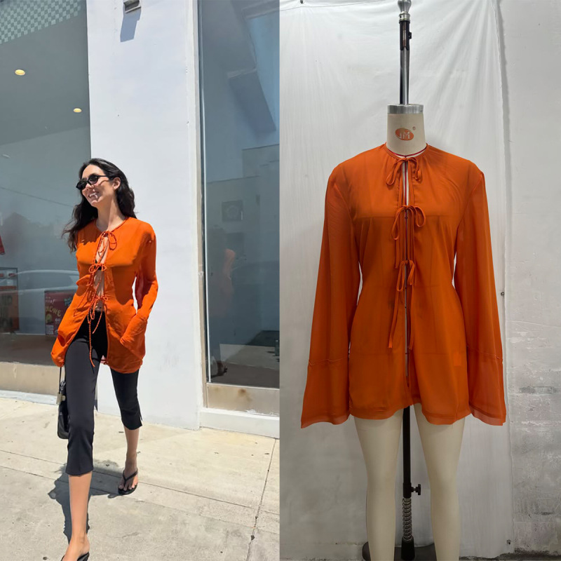 In-stock cross-border foreign trade 2026 autumn new European and American style front-tie shirt, mid-length, thin, long-sleeved top In-stock cross-border foreign trade 2026 autumn new European and American style front-tie shirt, mid-length, thin, long-sleeved top