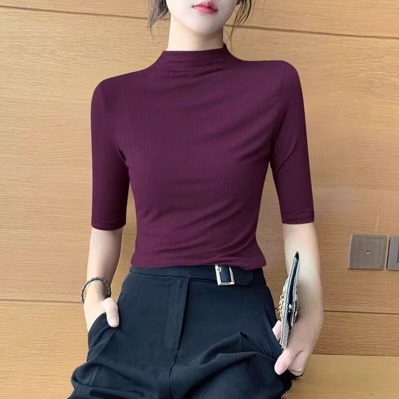 Half-High Collar Base Shirt for Women, Mid-Sleeve T-Shirt, 2024 New Spring and Autumn Trendy Seven-Quarter Sleeve Top