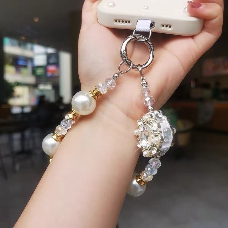 Estilo clásico, gran joya, perla, cristal, cadena de teléfono móvil con cuentas, cadena de colgante corta hecha a mano con incrustaciones de diamantes de lujo para mujer