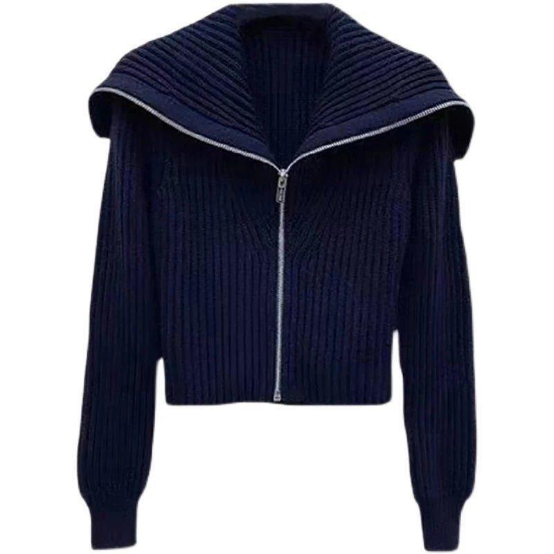 Navy Collar Sweater Jacket for Women with Large Lapel Zipper Knitted French Soft Waxy Short Cardigan Top 2025 Autum