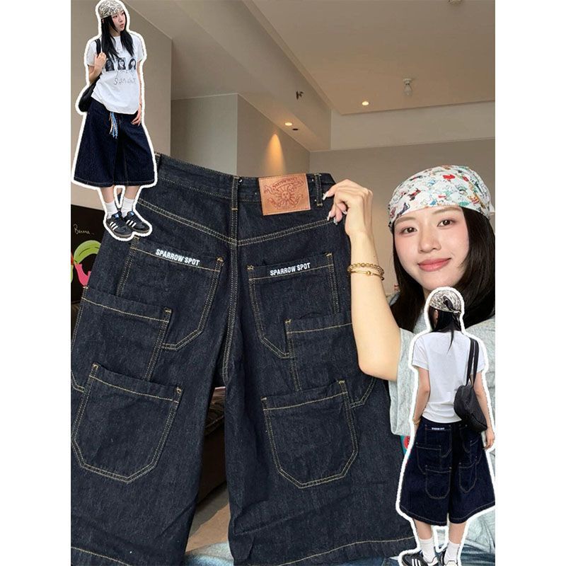 Trendy Carp-Style Multi-Pocket Workwear Denim Cropped Pants for Women, Summer American-Style Wide-Leg Loose Straight Casual Shorts