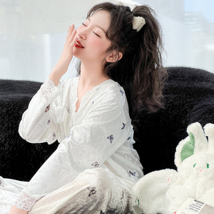 Girl's Cartoon Velvet Home Clothes Girl's Sweet Court Style Lace Pajamas Cardigan Princess Two-piece Spring and Autumn Clothes