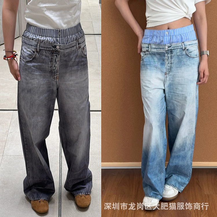 25 夏の新軽量レトロルーズ 3D プリントストライプ偽ツーピースストレートパンツ男性と女性|undefined