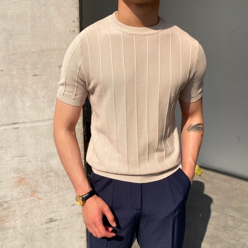 Summer round neck short sleeve t-shirt ice silk knit men's thin item Korean style light mature bottom shirt casual top