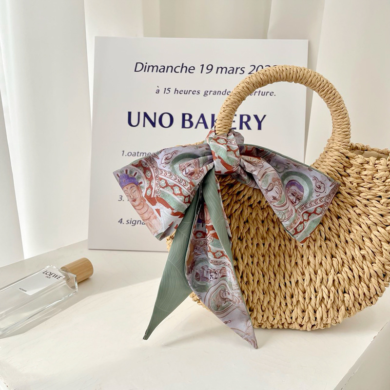 Nuevo estilo chino pintura al óleo pequeña bufanda de seda para las mujeres primavera y verano bolsa de lazo corbata decoración del pelo larga bufanda pequeña cinta de la banda del pelo