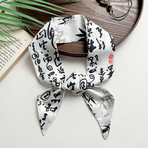 New Chinese-style ink painting long and narrow small silk scarf for women, suitable for spring and summer, versatile hair tie, hair bun wrap, packaging decoration, ribbon hair accessory.