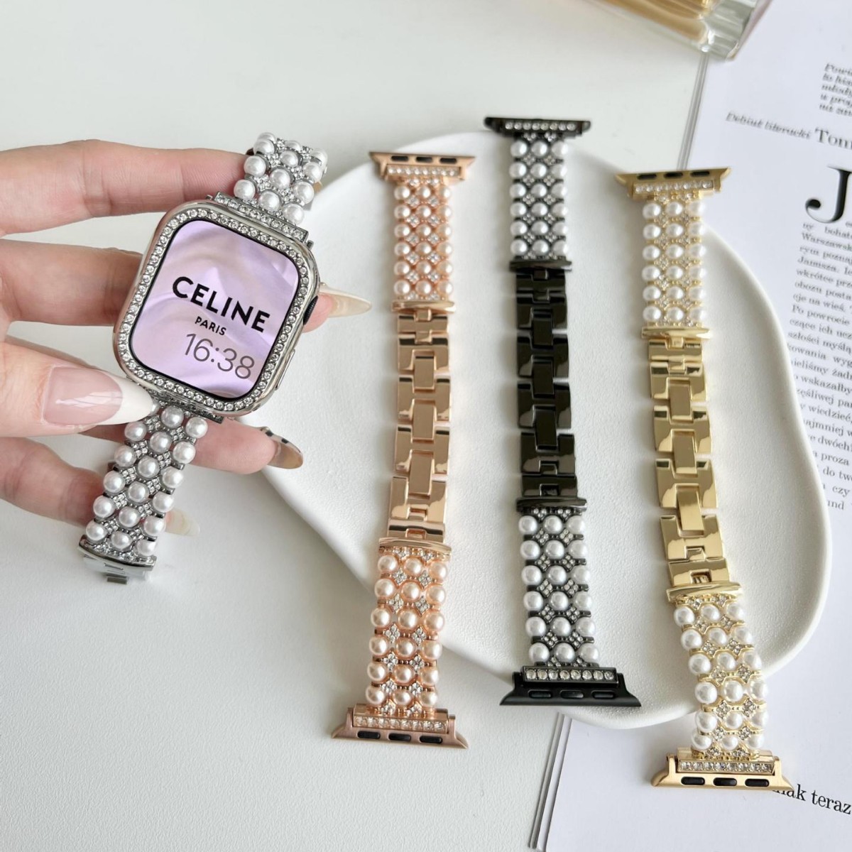 Suitable for Iwatch789S10 Small Fragrance Pearl Chain Apple Watch Strap Se456 Generation Ultar Pearl Diamond Bracelet
