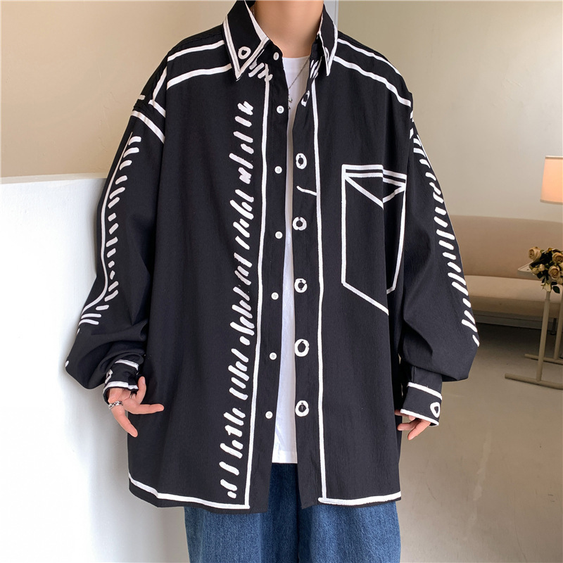 Spring New Style Hong Kong Style Ins Design Graffiti Line Long-Sleeved Shirt Men's Loose Shirt Sports Top Jacket Spring New Style Hong Kong Style Ins Design Graffiti Line Long-Sleeved Shirt Men's Loose Shirt Sports Top Jacket