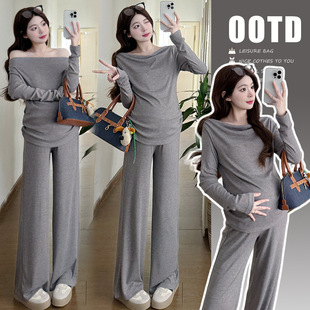 2025 New Style Soft Swing Collar Design Shoulder Top Spring and Autumn suit Fashion Stylish Pregnant Women Pants Two-Piece Set