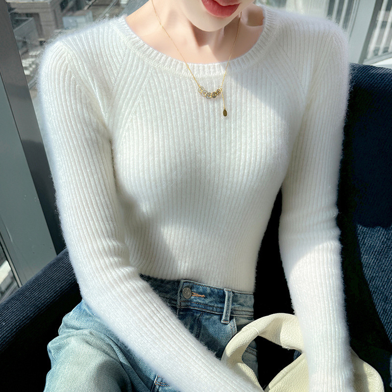 简约厚款圆领100羊毛衫女秋冬打底衫上衣修身新款百搭毛衣抽条|undefined