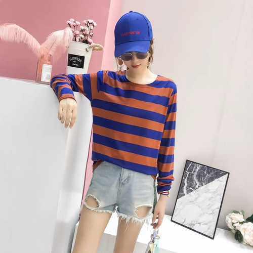 Spring and Autumn New Korean Style Loose Matchy Women's Striped Long Sleeve T-shirt Women's Base Shirt Top Striped Long Sleeve