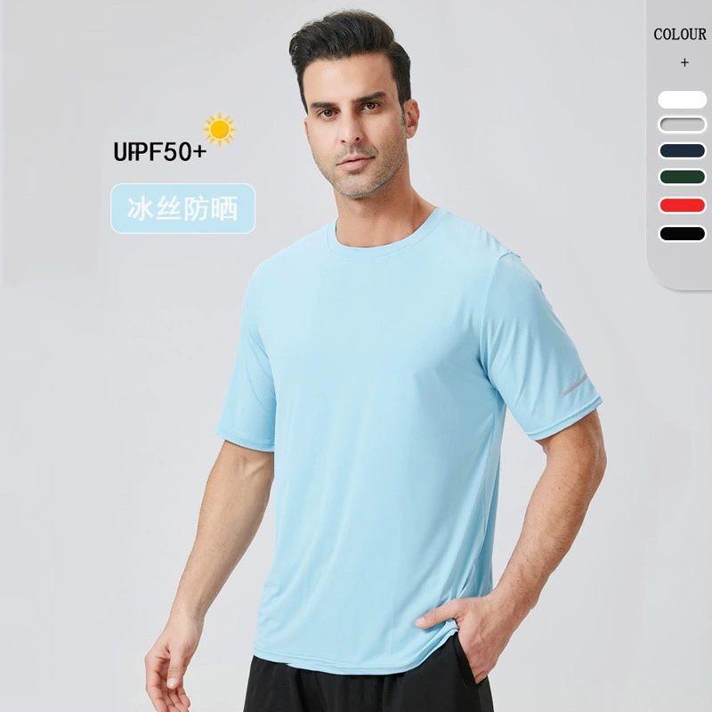 Спортивная футболка мужская из ледяного шелка, солнцезащитная одежда, прохладная, для бега на открытом воздухе, фитнеса, с коротким рукавом, дышащая, быстросохнущая, с охлаждающим эффектом.