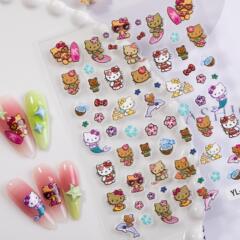 かわいい黒革 KT 猫ネイルアートステッカー 5D エンボスビーチハローキティ猫ネイルステッカージュエリー YL スタイル
