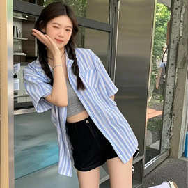 【跨境爆款】韩系海岸线蓝条纹显瘦短袖衬衫女夏宽松设计休闲上衣