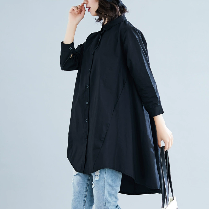 Solid long summer shirt, plus size, cotton and linen, mid-length