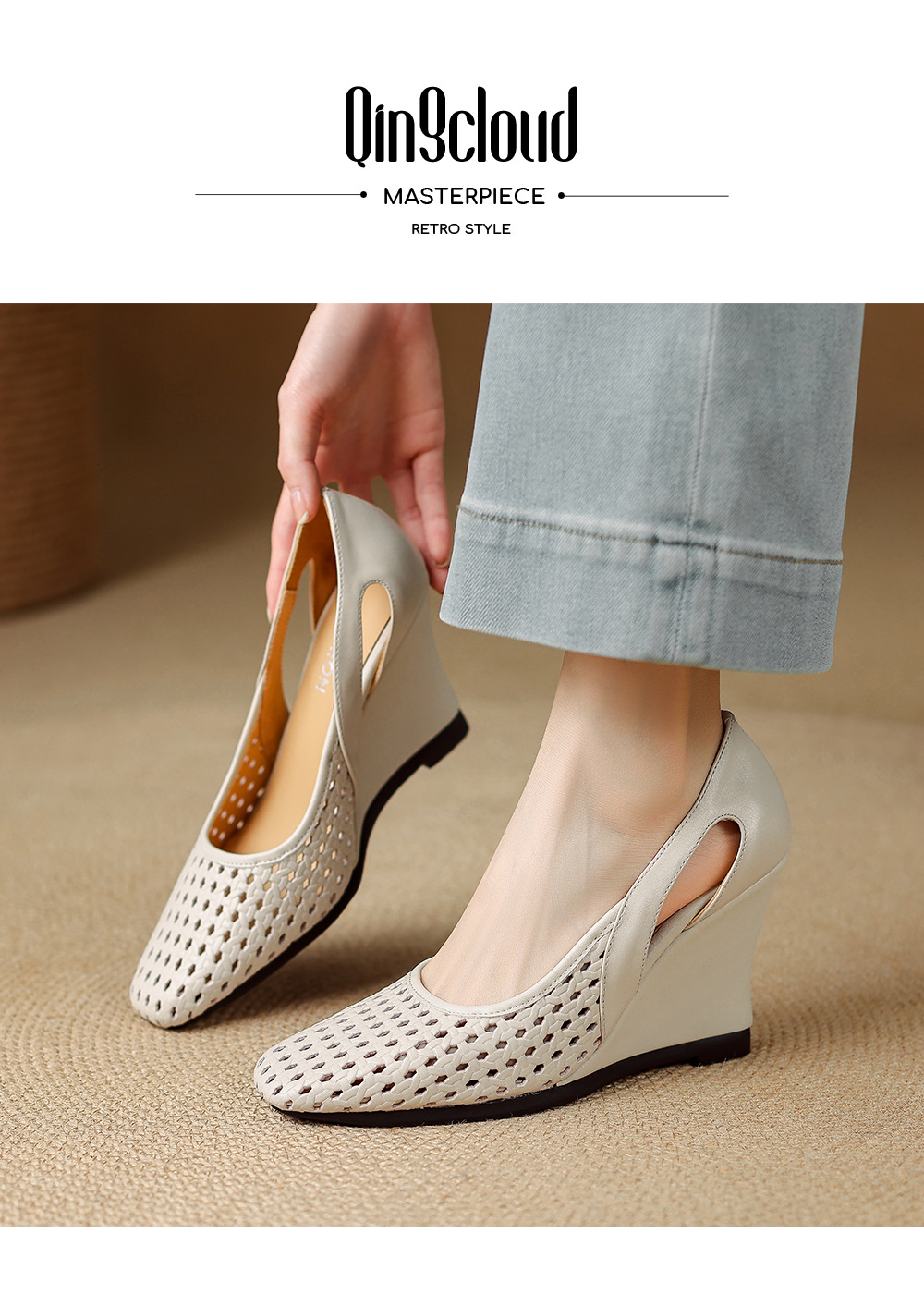 Sandal nữ mũi vuông hở mũi gót xuồng 5 cm – phong cách Pháp — màu trắng ngà, màu mơ chi tiết 1
