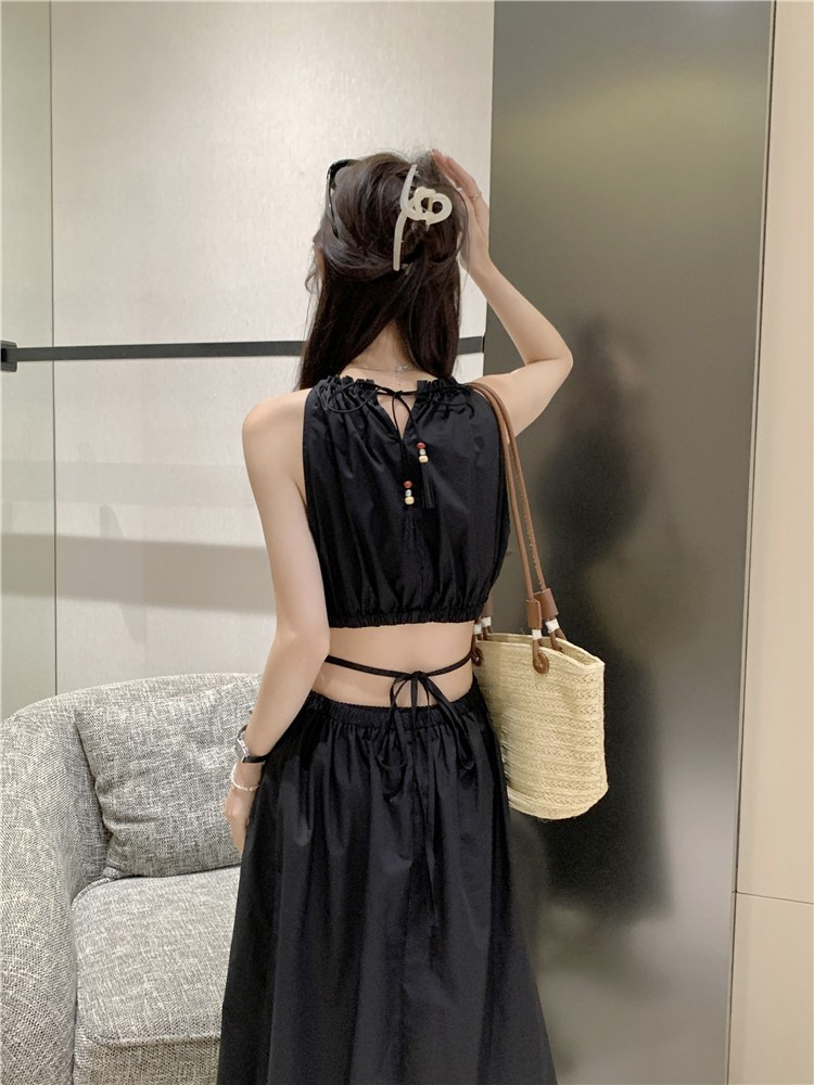French-style Hollow-out Open-waist Halter Dress Women's Summer Lace-up Waist Slimming Vacation-style Seaside Tassel Long Dress