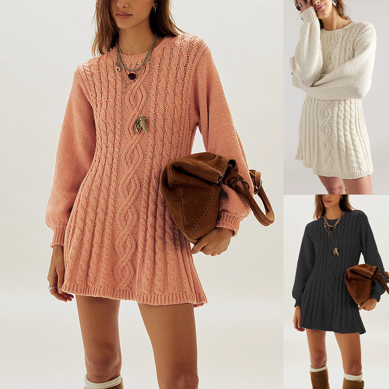 Autumn and Winter New Tiktok Cross-Border Independent Site Round-Neck Cable Knit Hot-Selling European and American Women's Long-Sleeve Knit Dress Autumn and Winter New Tiktok Cross-Border Independent Site Round-Neck Cable Knit Hot-Selling European and American Women's Long-Sleeve Knit Dress