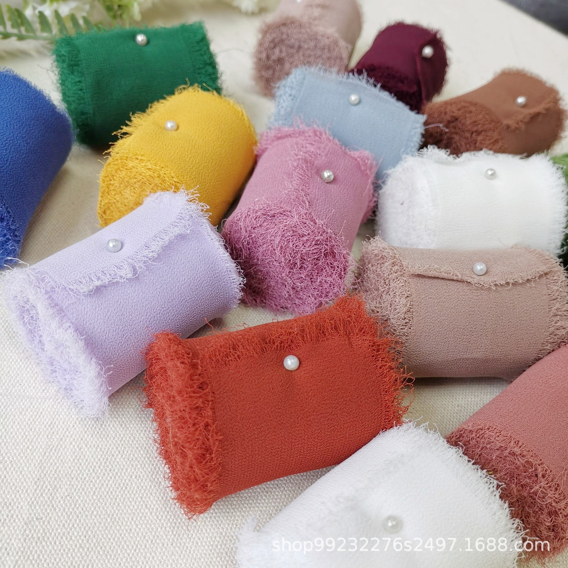 珍珠雪纺丝带3.8cm×7码(1.5"×7Y)手撕毛边鲜花婚礼绑带婚庆用品