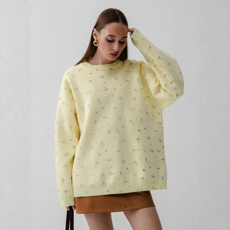 Cross-Border Amazon Autumn and Winter New Fashion Hot-Selling Flower Print Knitted Pullover Simple and Elegant Women's Sweater