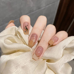Short ballet nail with khaki gradient, yellow apricot color, French star, gentle and minimalist, adorned with tiny diamonds, wholesale wearable nail.