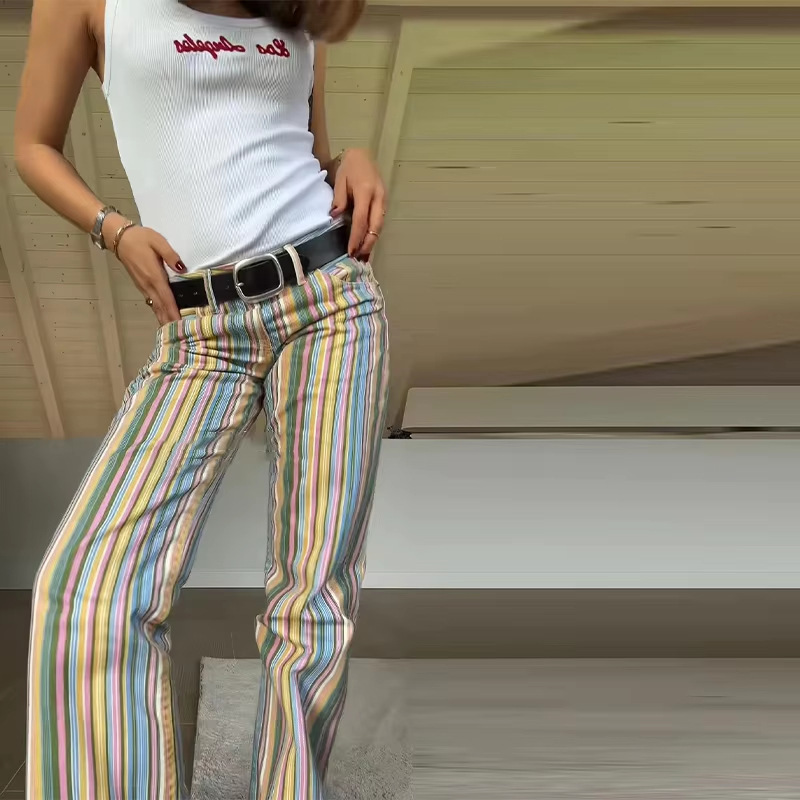European and American Za Cross-Border Ra Aliexpress Hot-Selling Colorful Striped Jeans for Women Y2K Low-Waist Straight Casual Pants Ins