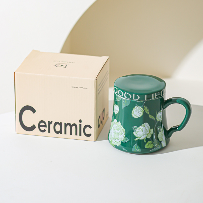 Taza de agua de cerámica de orquídea de campana, taza de café de gran capacidad, taza de desayuno con tapa de diseño, taza de café