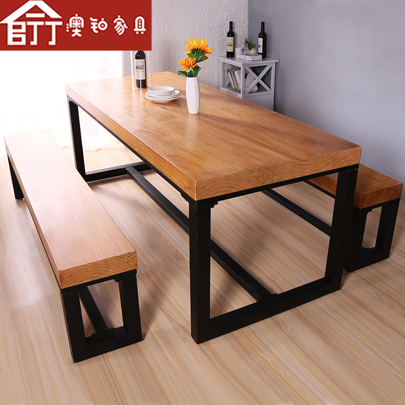 Aubo American solid wood dining table commercial canteen restaurant dining table barbecue shop rectangular dining table and chairs negotiation coffee table