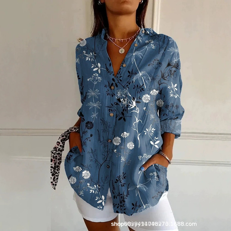 2026 European and American Amazon Striped Long-Sleeve Shirt for Women, Rainbow Floral Cardigan, Color-Blocking Jacket with Turn-Down Collar, Cross-Border Trade