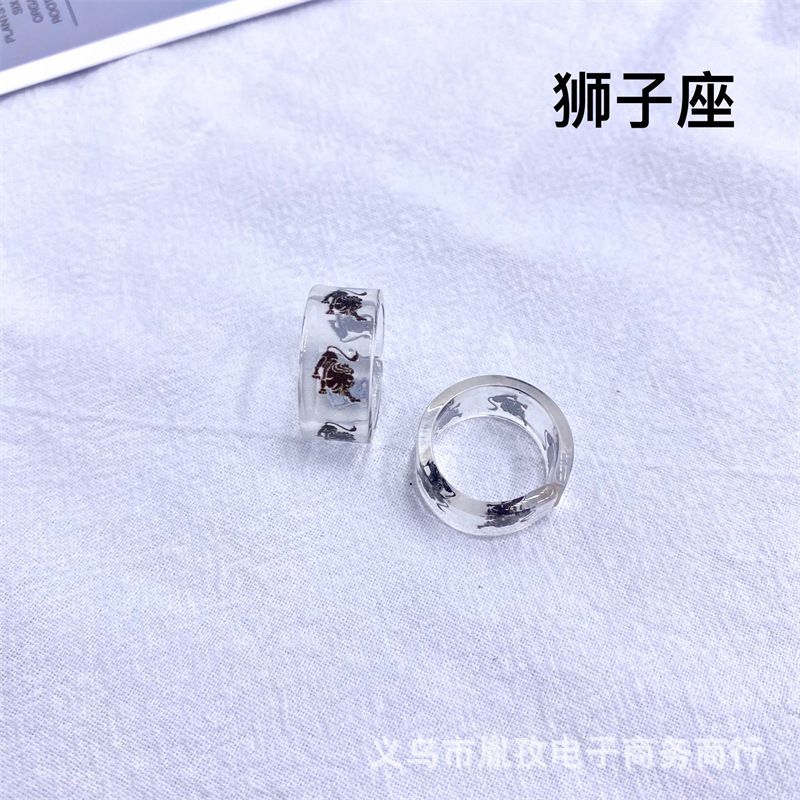 Nuevo 12 constelación patrón acrílico resina anillo transparente personalidad ajustable anillo transfronterizo Venta caliente exclusivo