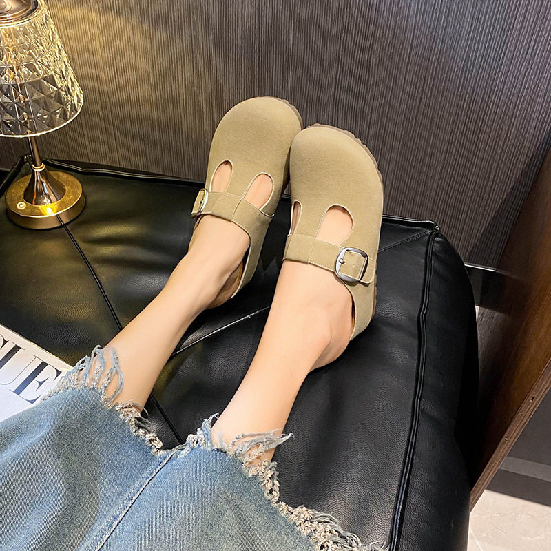 Dép lê nữ Mary Jane bít mũi quai ngang phối khóa cổ điển, đế bằng tăng chiều cao bên trong — Kaki (nửa kéo), Màu vàng (nửa dép)