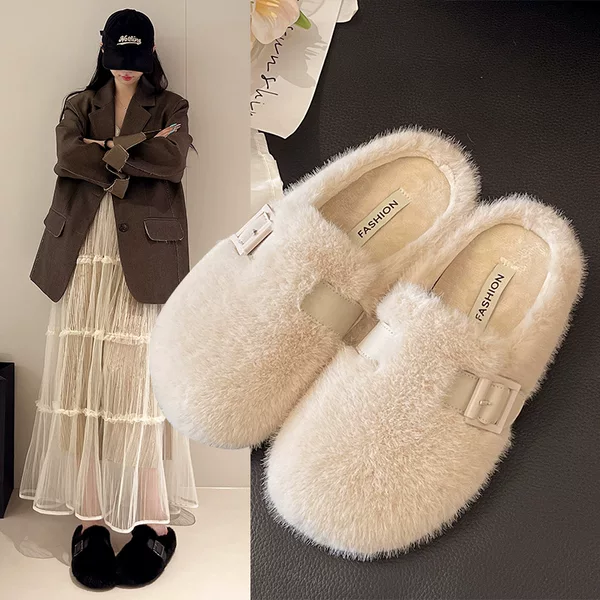 Furry Slippers for Women to Wear Outside 2025 New Autumn and Winter Slip-On Fashionable Outing Baotou Half-Flop Cotton Slippers Furry Shoes