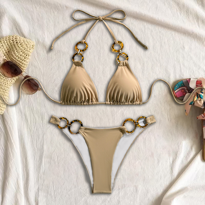 European and American Slim Split Swimsuit Women's Solid Color Bikini Cross-Border New Sexy Triangle Ring Push-Up Beach Swimsuit