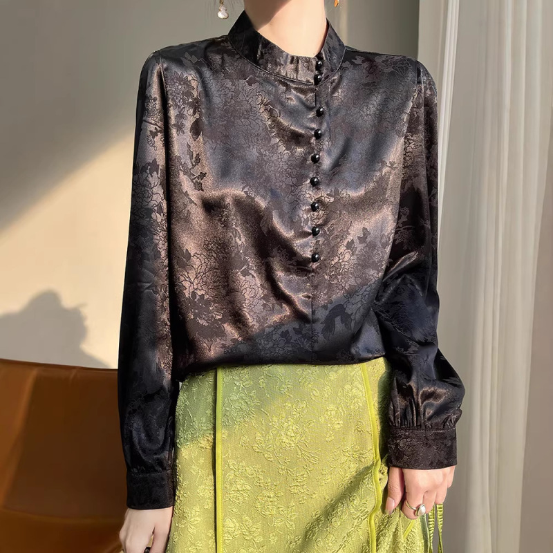 2026 Spring and Autumn New Chinese Style National Style Qipao Stand Collar Long Sleeve Shirt Women's Buttoned Base Shirt Satin Jacquard Top