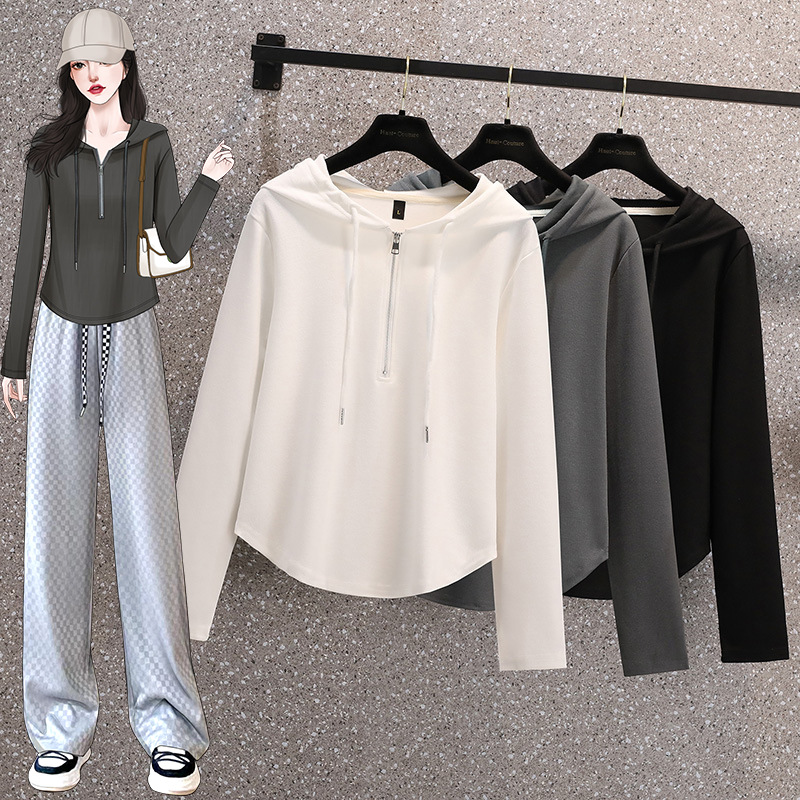 Large Size Women's 2024 Early Spring New Casual Hooded Shoulder Sweat Chubby Girl Slimming Half Zipper Long Sleeve Top