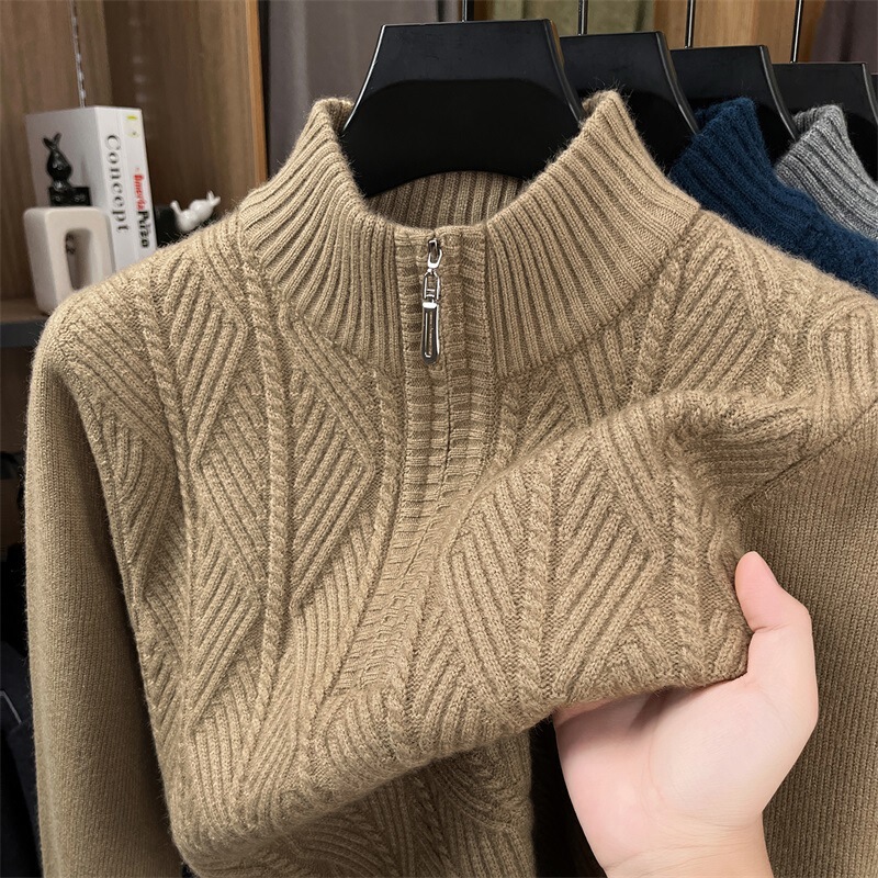 Men's Wool Sweater High-End Winter Middle-Aged Casual Half-High Zipper Collar Thickeneded Warm Knitted Bottoming Sweater for Men