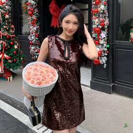 春季新品女装网纱亮片绣花手动钉珠性感镂空酒红色无袖连衣裙洋装