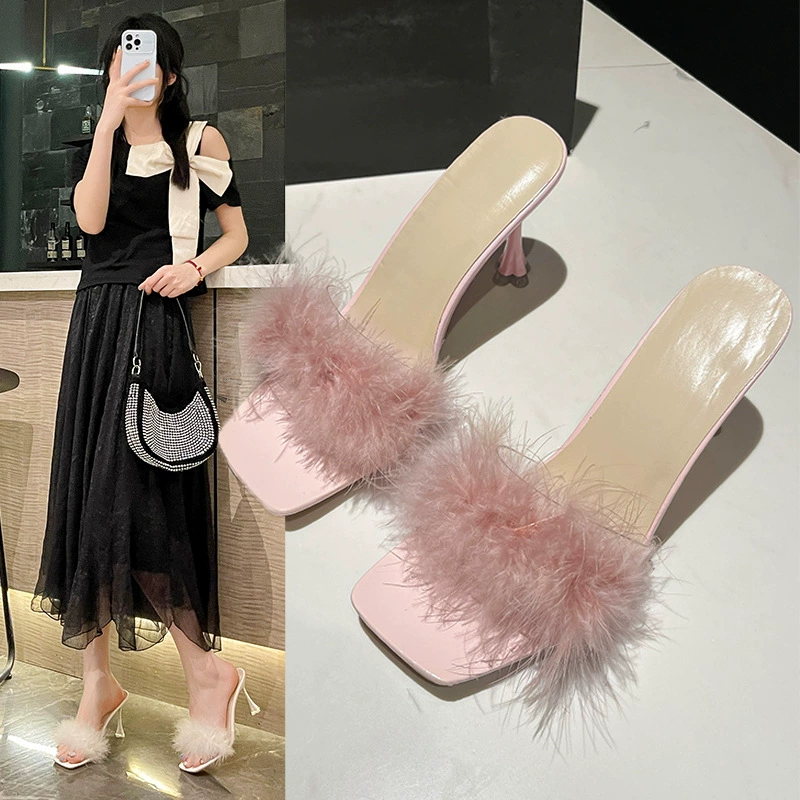 Женские летние босоножки в стиле феи, меховые, 2025 года, новые, универсальные, сексуальные, в французском стиле, красивые, на высоком каблуке, подходят к юбкам