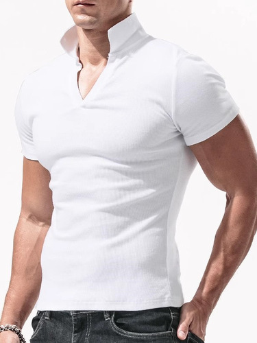 Men's Short Sleeve T-Shirt with Collar, Slim Fit, Tight Fit, Solid Color V-Neck, Elastic, American Style Polo Shirt, Men's Top, Summer, Solid Color