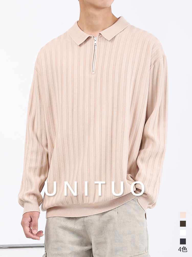 Hombre polo suéter otoño-invierno con sentido de alto nivel de negocios solapa de manga larga rayas verticales medio cremallera camiseta de punto Paul