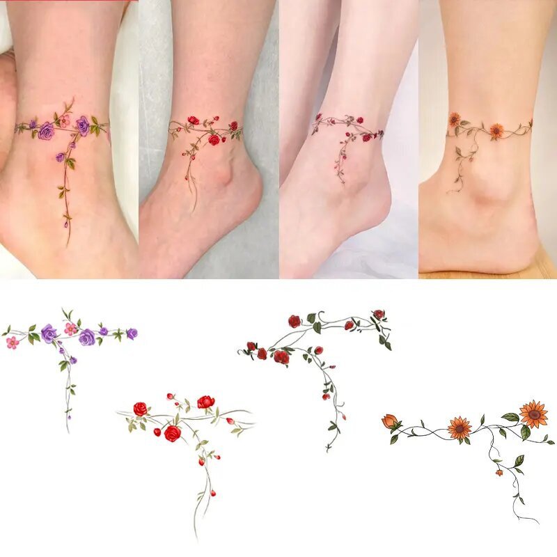Washable, high-appearance fresh floral tattoo stickers for ankles, sexy and pure, realistic, waterproof, long-lasting, beautiful and artistic