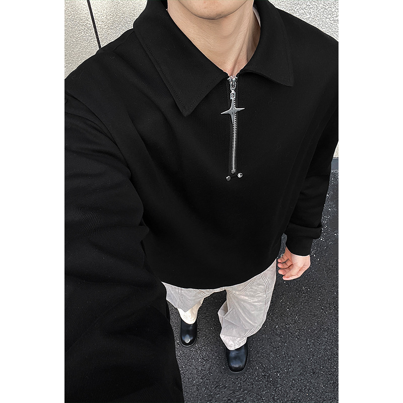 Felpa a collo alto a maniche lunghe con mezza zip in cotone cinese pesante da 300 g per uomo e donna, vestibilità ampia, versatile,_voghion.com