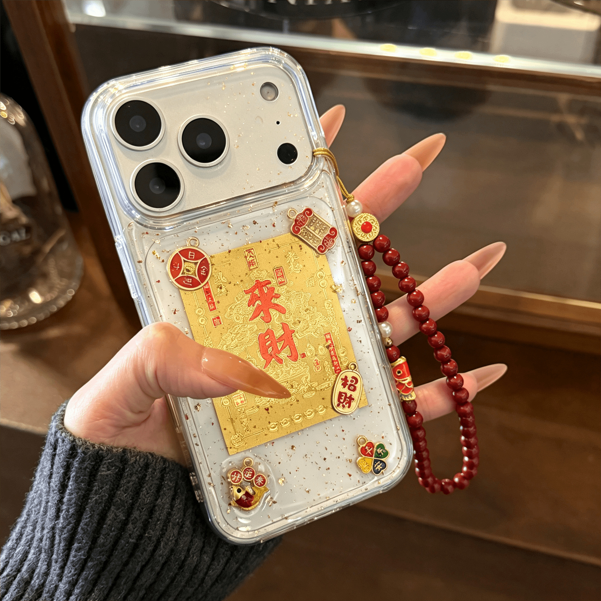 适用苹果18promax手机壳iphone17滴胶金箔来财招财16pro新款X创意