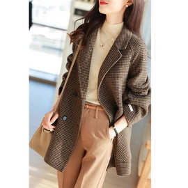 千鸟格复古毛呢外套女2025春秋遮肉显瘦气质西装领格子中长款大衣