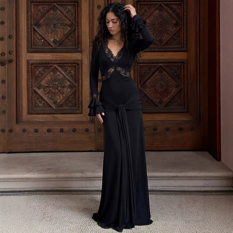 2026 Spring European and American Cross-Border Women's Fashion Elegant and Sexy Lace Patchwork Slim-Fit Long Dress
