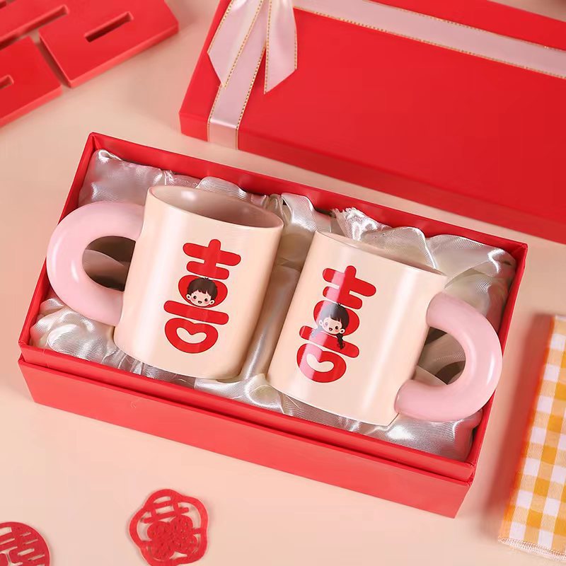 Taza de cerámica de alto grado con taza de regalo de mano Xi carácter par Copa regalo de compromiso de boda regalo para nueva pareja caja de regalo