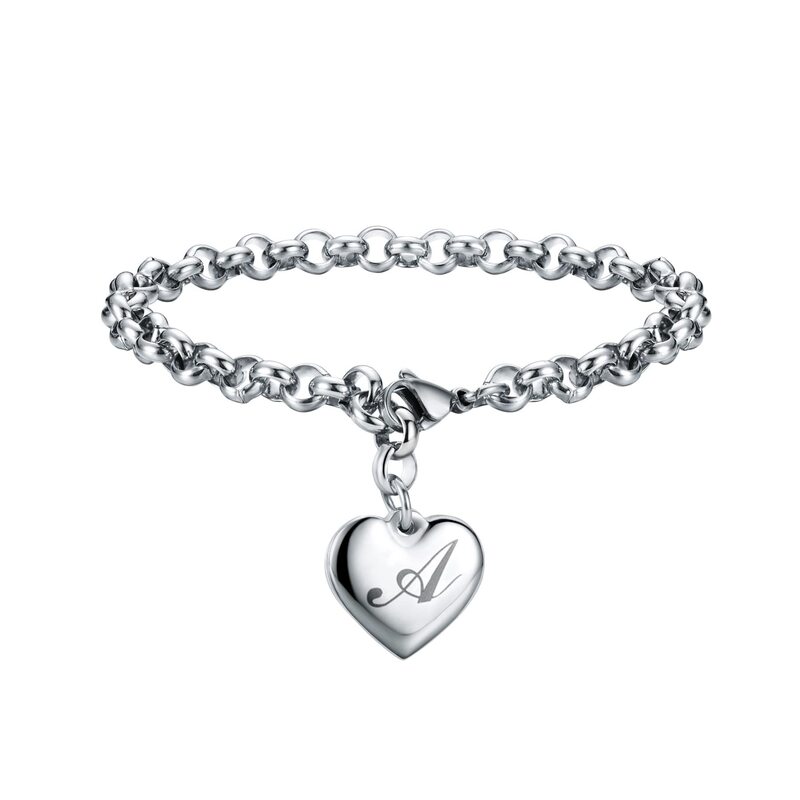 Amazon Cross-Border Girl's Initial Charm Bracelet Stainless Steel Heart-Shaped Women's 26-Letter Bracelet Gift Present