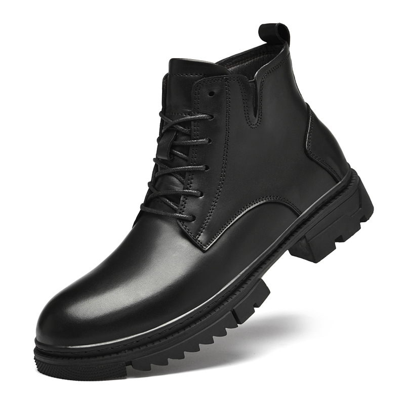 High-Top Men's Boots, Autumn and Winter Comfortable First-Layer Cowhide Men's Thick-Soled Business Leather Boots with Velvet Cotton Boots