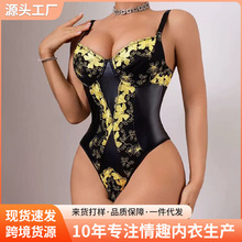 跨境爆款情趣内衣提花PU皮欧美塑身连体衣收腰连体紧身衣厂家批发