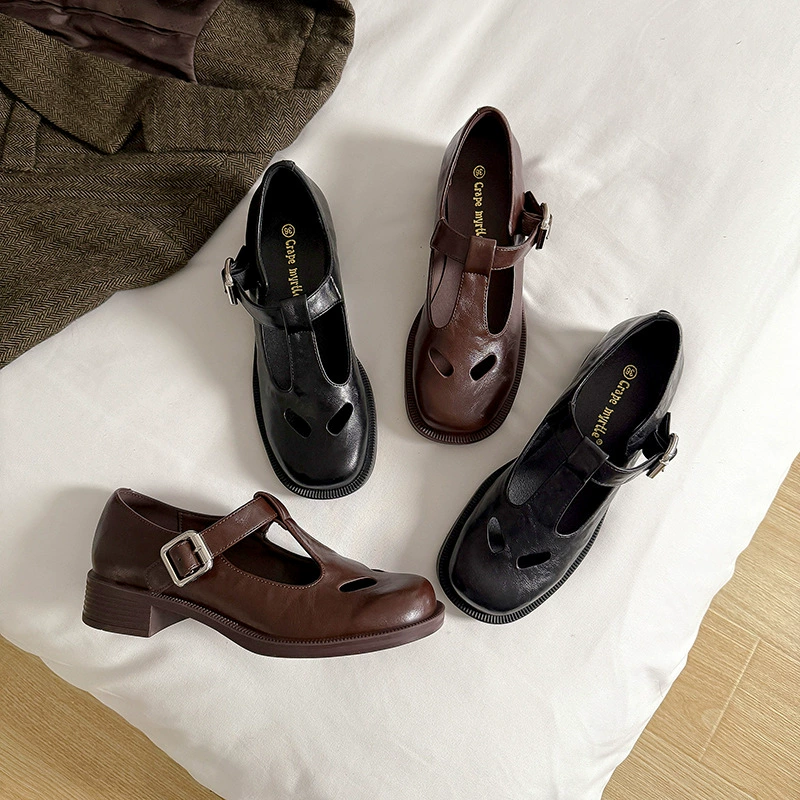 2025miu дом полые кожаные маленькие кожаные туфли женские 2024 новые ретро-академические туфли на толстом каблуке Мэри Джейн